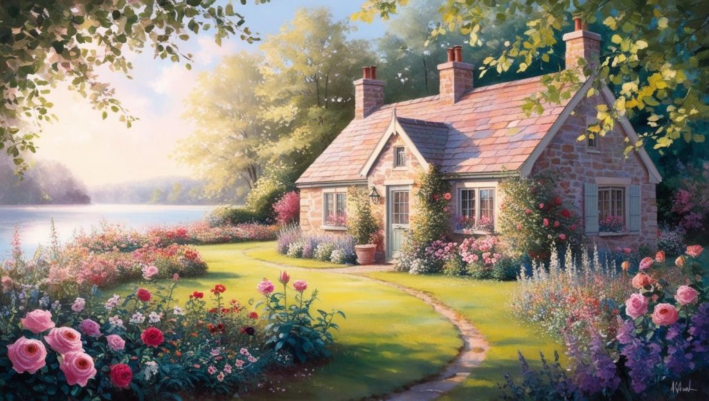 a cottage near lake covered with a beautiful garden full of flowers (2)