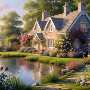 a cottage near lake covered with a beautiful garden full of flowers